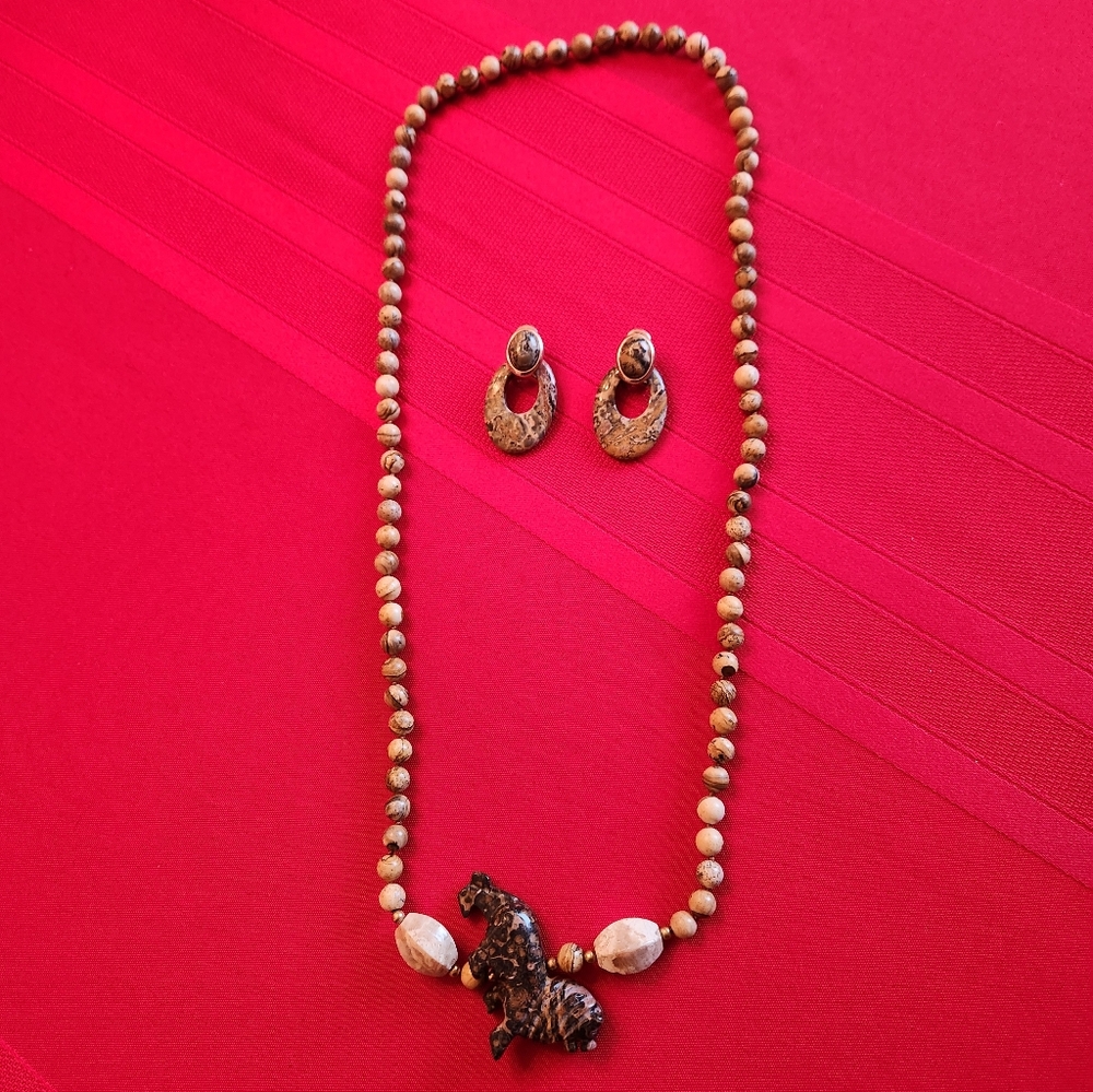 Brown Bead Necklace with Lion Pendant and Matching Earrings